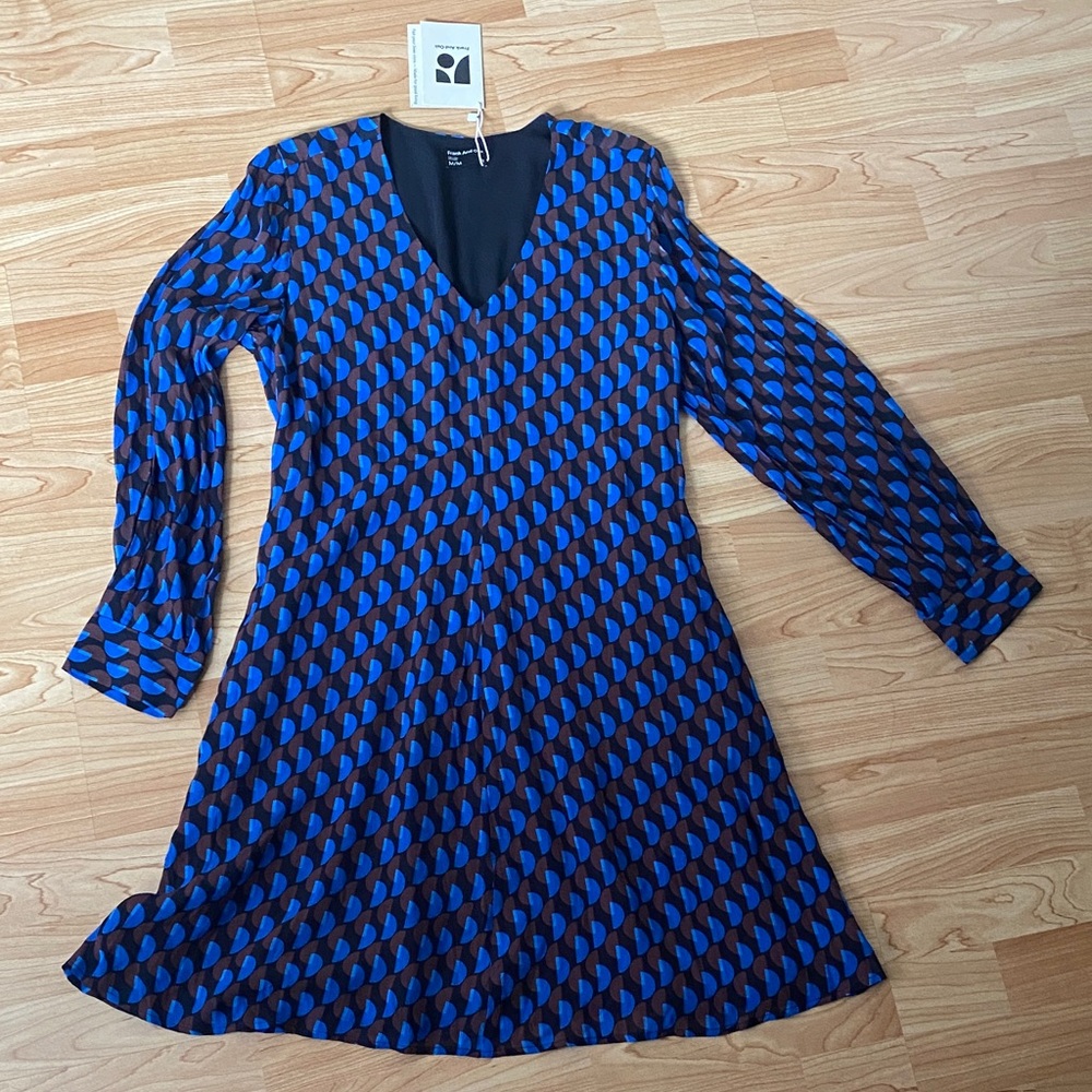 Frank & Oak Geometric Blue and Black Long Sleeve Dress